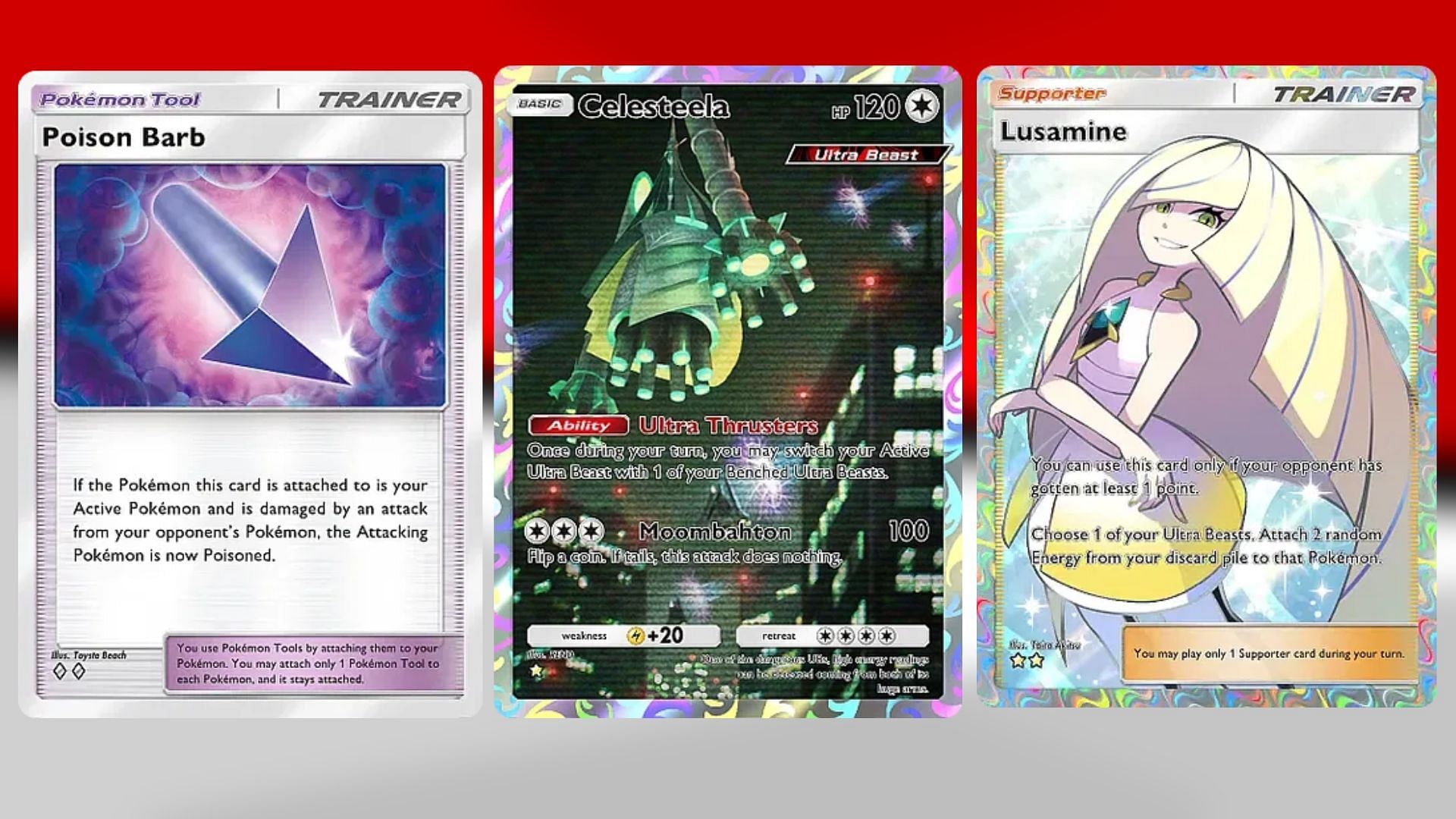 Poison Barb, Celesteela, and Lusamine in PTCGP (Image via TPC)